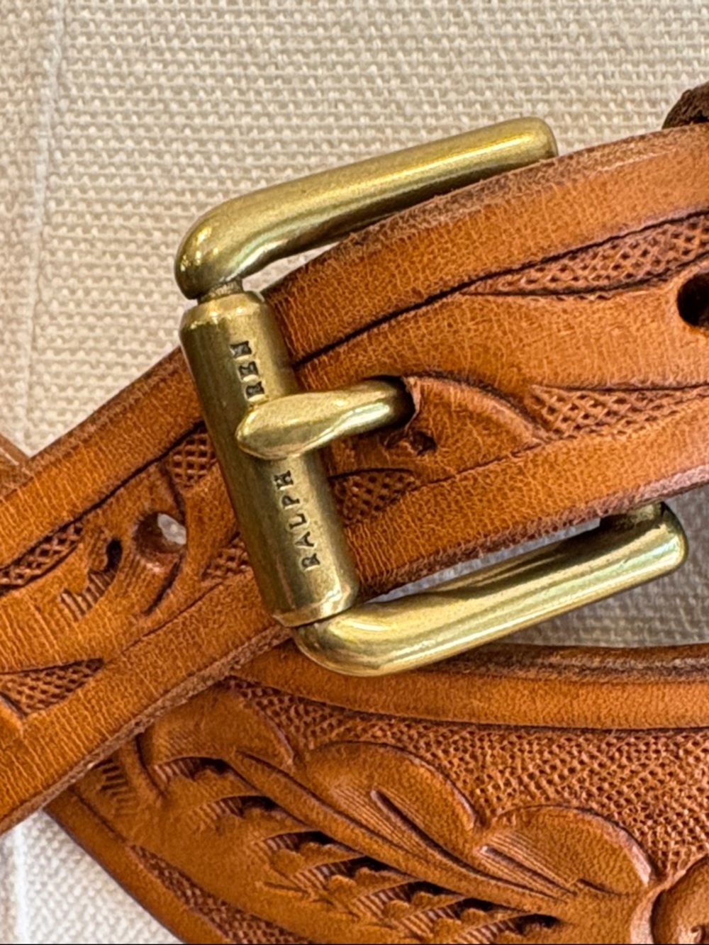 Vintage Ralph Lauren Brown Tooled Leather Cross Double Buckle Belt size Medium - Picture 4 of 16